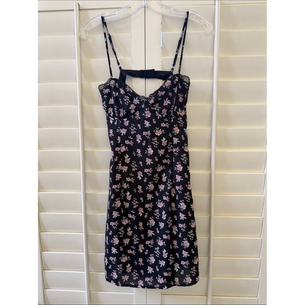 La Hearts Black Mini Dress with Pink Floral Print